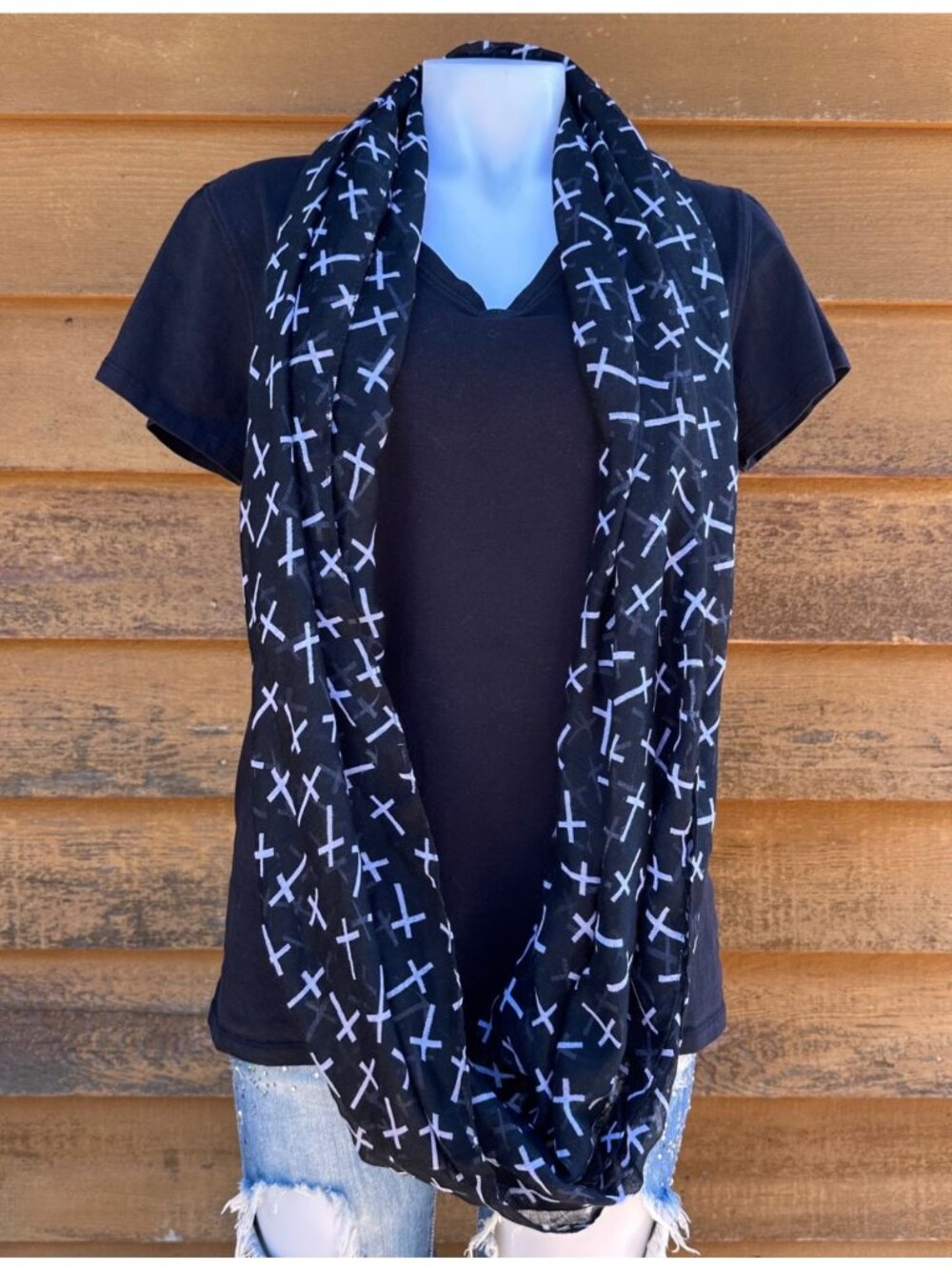 Black Infinity Scarf With White Cross Pattern  Polyester Lightweight Wrap